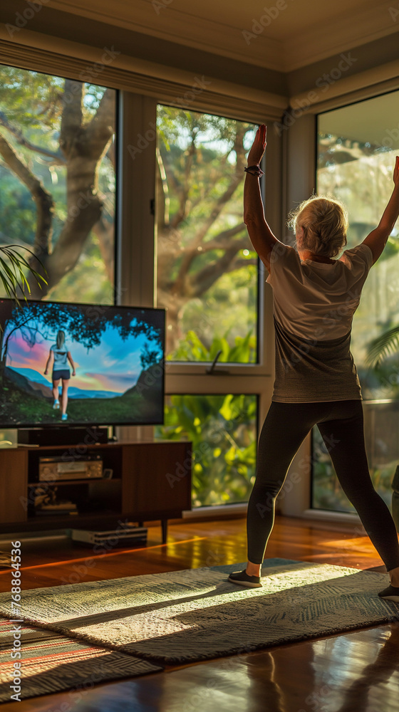 A pensioner takes online fitness classes in a room transformed into a digital gym