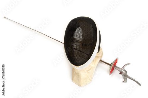 Top view of fencing gear. Mask and foil isolated on white background