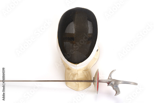 Vintage fencing sport mask and foil isolated on white background