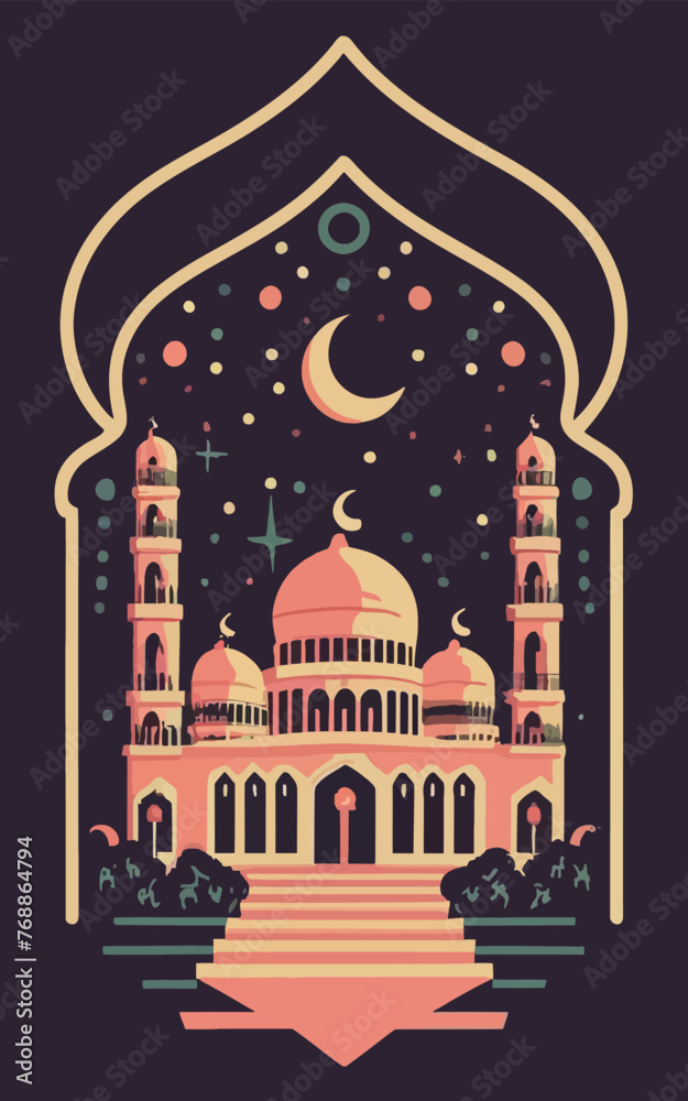 2d vector illustration art colorful Ramadan mosque professional shirt design, illustration, typography, dark fantasy
