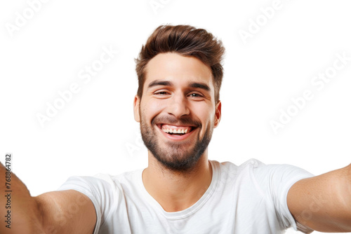 Portrait of beautiful handsome man taking selfie posing with smile and attractive focus look, isolated on transparent png background. photo