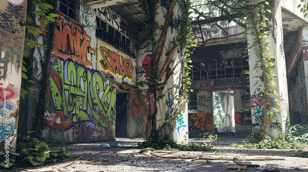 Fototapeta premium Eerie Abandoned Building Covered in Vines and Graffiti