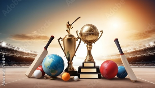 National sports day with realistic sports items including cricket bat football racket shatter table tennis rackets hockey ball and championship trophy all are holding on earth behind stadium photo