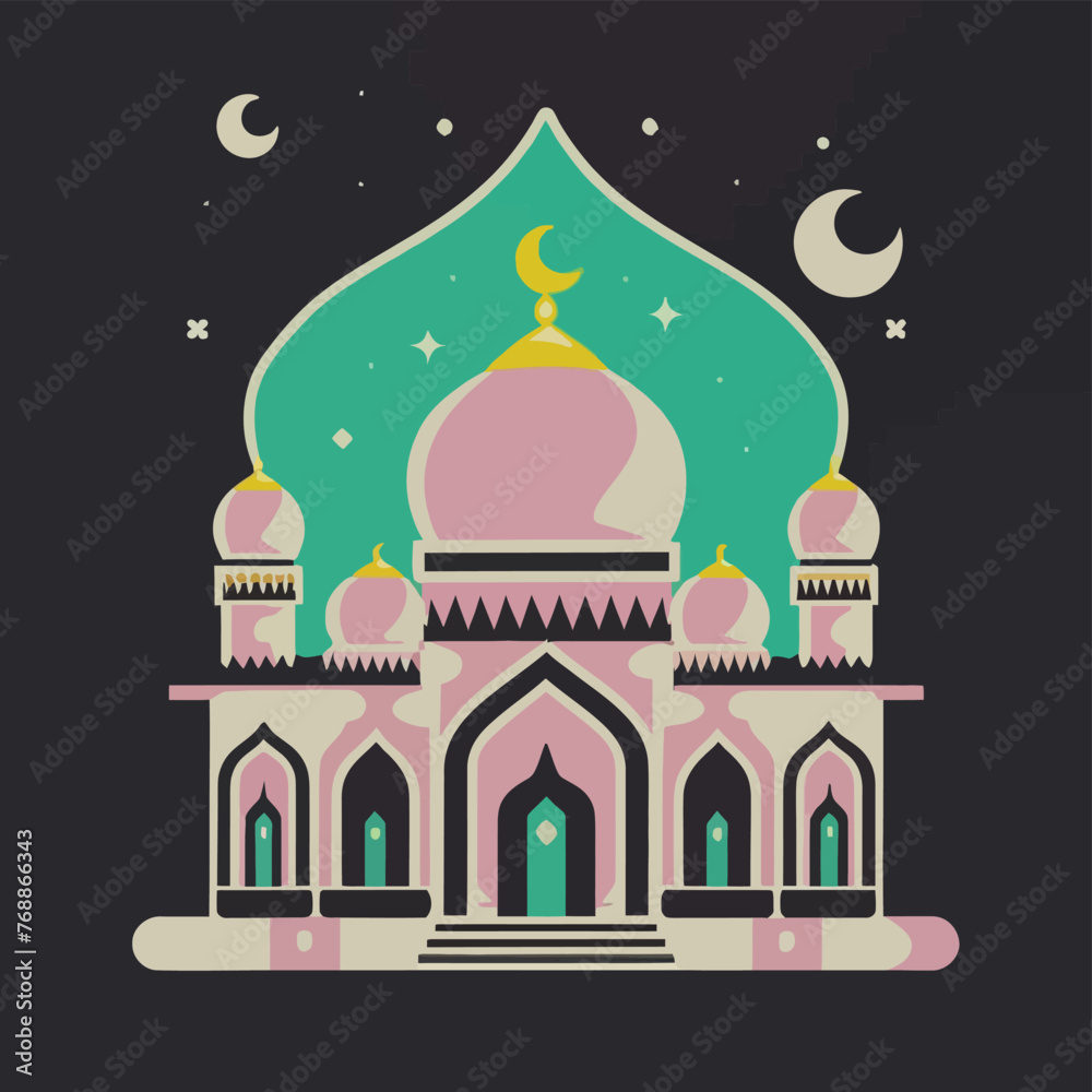 Fototapeta premium 2d vector illustration art colorful Ramadan mosque professional shirt design, illustration, typography, dark fantasy