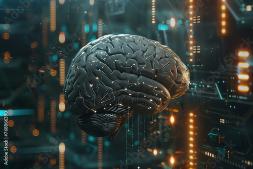 The human brain is on a circuit board background. 3d illustration. Technology concept.