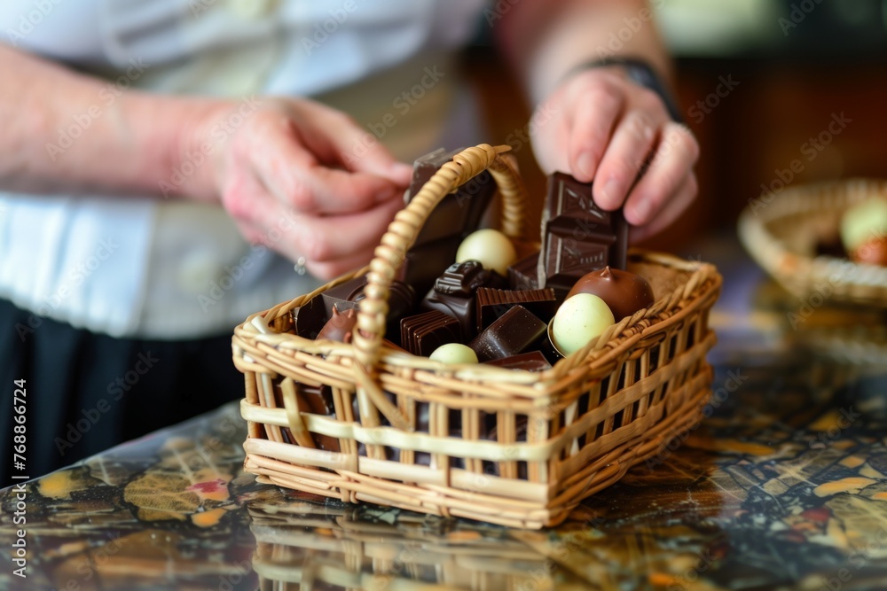 woman arranging gourmet chocolates in a small wicker basket - obrazy, fototapety, plakaty 