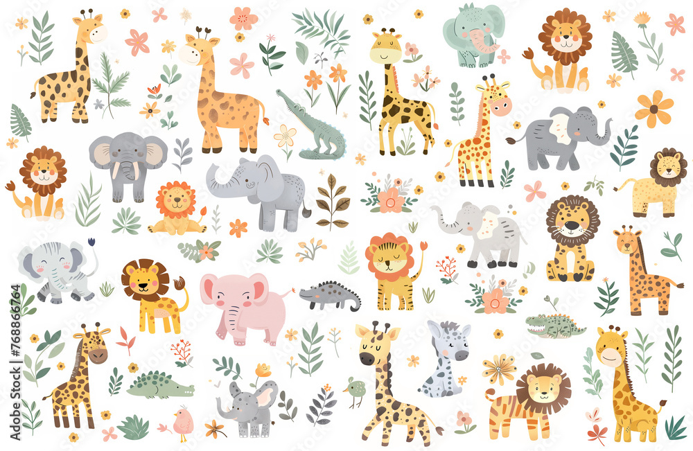Set of funny childish drawings of giraffes, tigers, elephants, lions, crocodiles, flowers and green plants. Cute children's illustrations of various safari animals on white background