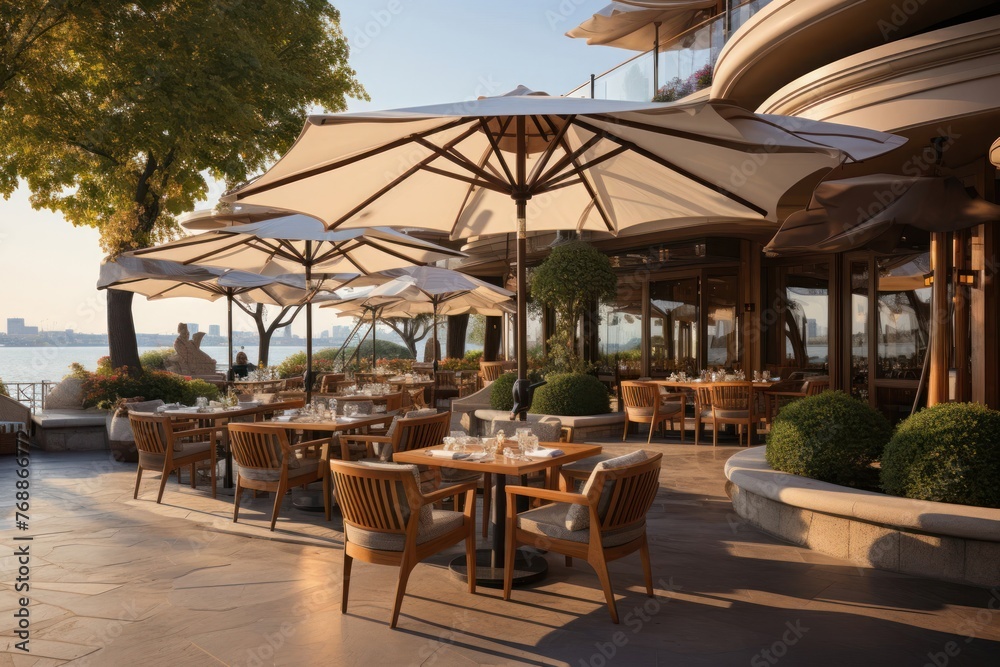Fototapeta premium Outdoor Dining Area With Tables and Umbrellas Generative AI