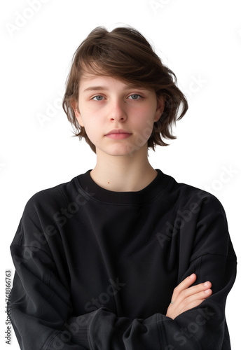 Portrait of teenage girl wearing black sweatshirt isolated on transparent or white background. Gen Z kid with arms folded on her chest