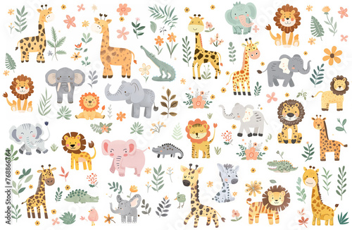 Set of funny childish drawings of giraffes, tigers, elephants, lions, crocodiles, flowers and green plants. Cute children's illustrations of various safari animals on white background