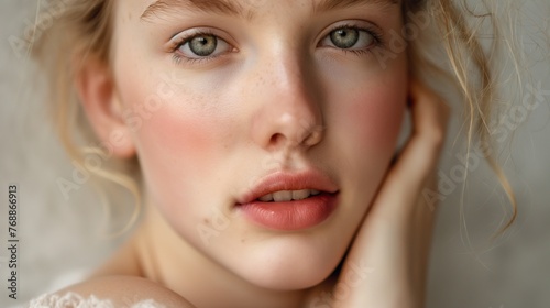 Timeless beauty in focus as a blonde muse with natural makeup caresses her radiant skin, set against a neutral studio backdrop offering endless creative possibilities.