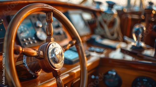 Classic wooden boat steering wheel against modern instruments