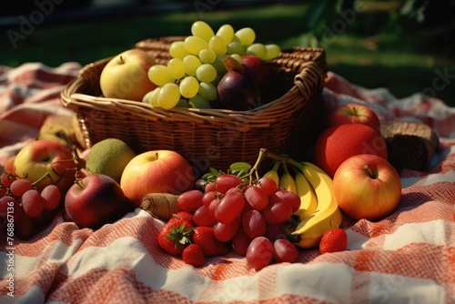 Fresh fruits in basket on blanket in park on sunny day