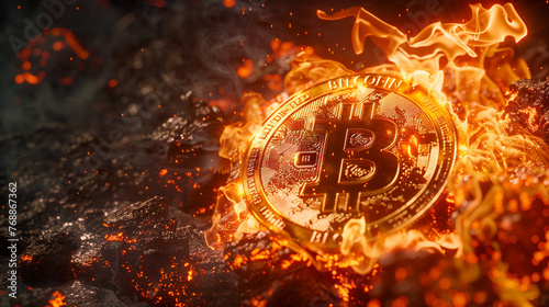 Bitcoin currency tech Glowing Fire Closeup