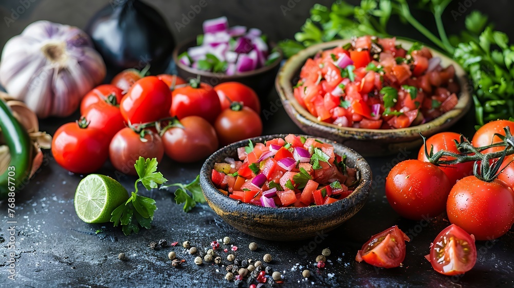 Vibrant salsa ingredients suspended in a dark culinary studio Vibrant salsa ingredients suspended in a dark culinary studio
