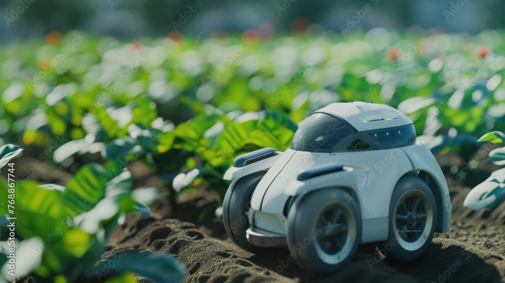 an Agricultural robot and autonomous car working on the farm, smart farming concept. Ai generated - obrazy, fototapety, plakaty 