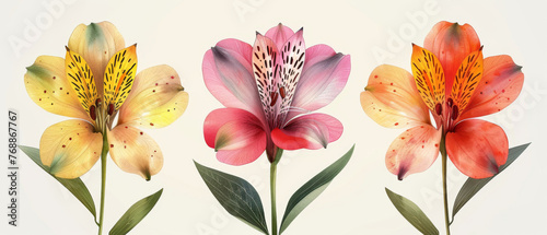 A trio of colorful Alstroemeria flowers against a clean white background, illustrating natural beauty.