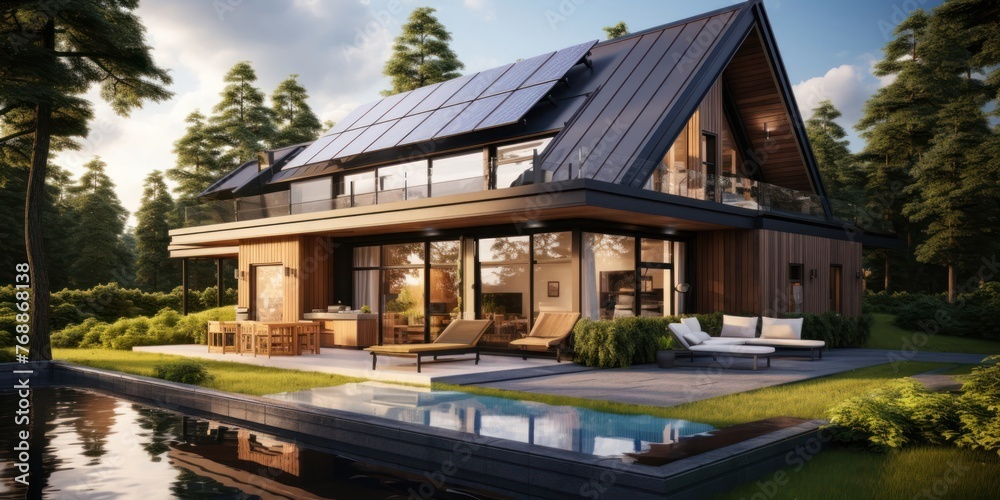 Fototapeta premium Modern House With Solar Panel Roof Generative AI