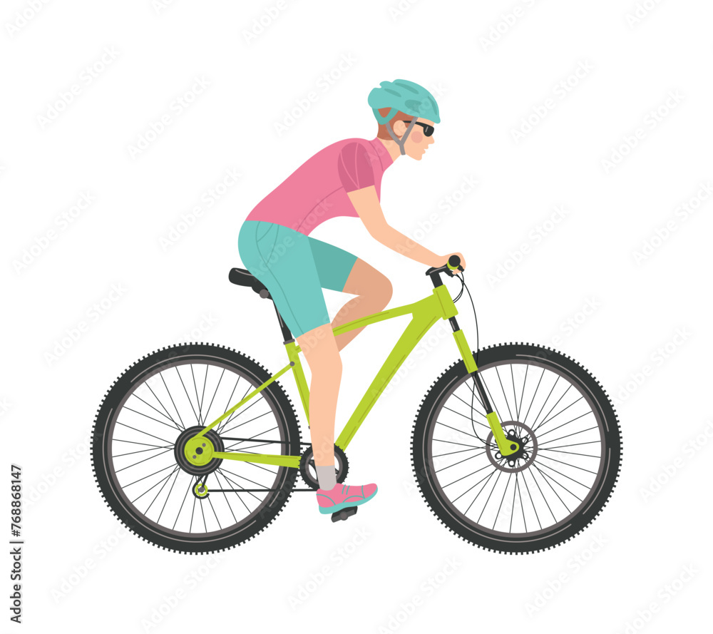 A woman rides a bicycle. Sports, training, healthy lifestyle. Vector flat cartoon isolated illustration