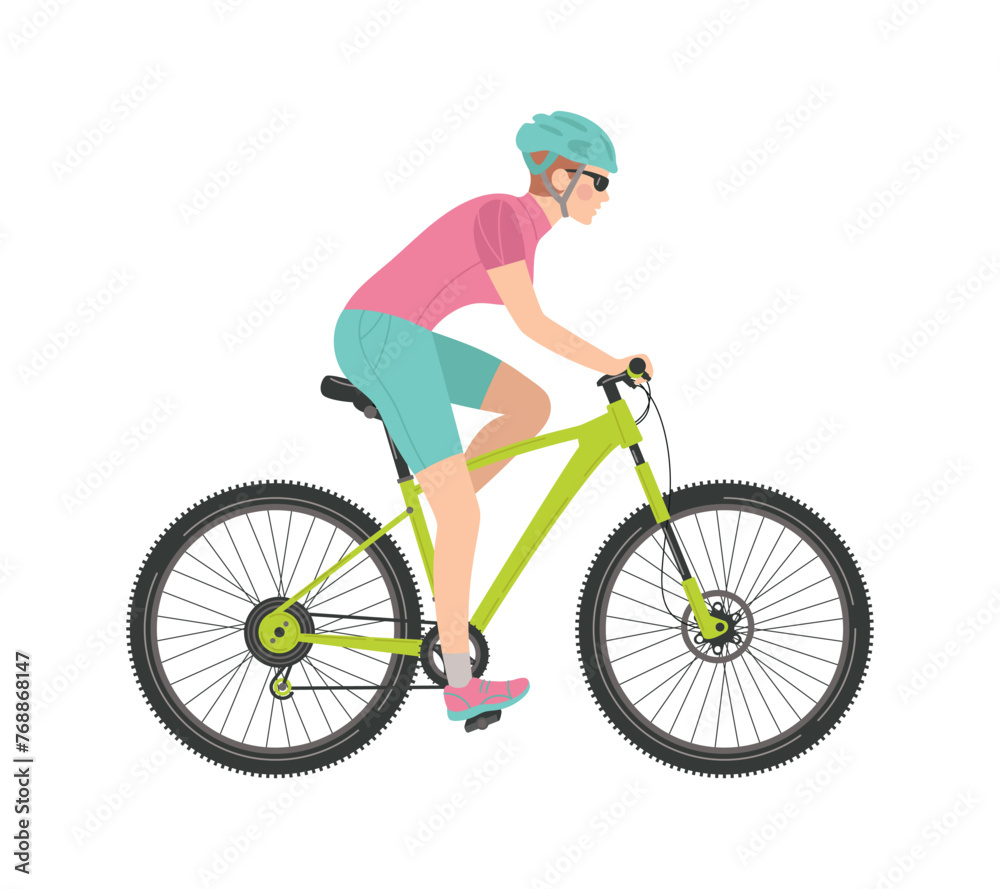A woman rides a bicycle. Sports, training, healthy lifestyle. Vector flat cartoon isolated illustration A woman rides a bicycle. Sports, training, healthy lifestyle. Vector flat cartoon isolated illustration
