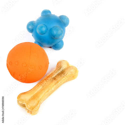 Set of dog toys isolated on white. Free space for text.