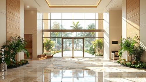 Open and inviting lobby with glass doors and a touch of greenery