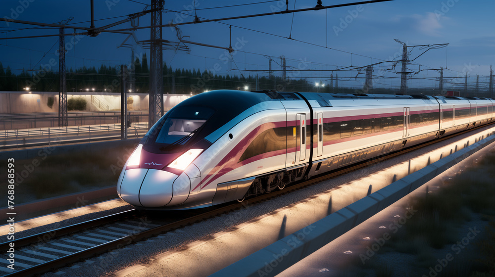 Fototapeta premium Bullet Train Going At High Speed At Night In motion Blur