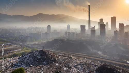Apocalypse in the big city. Gray smog and mountains of garbage. Ecological catastrophe. photo