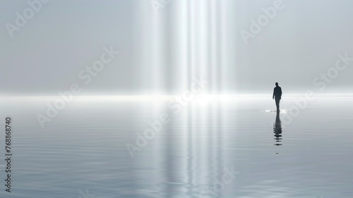 Silhouetted figure standing in tranquil water with beams of light