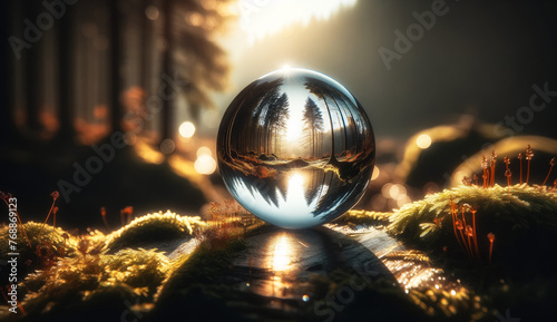 A crystal ball reflects a forest scene with sunlight filtering through trees, placed on a mossy surface with a warm, ethereal glow.
