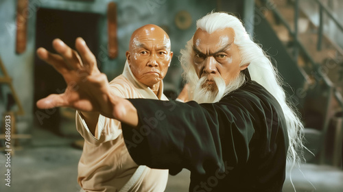 two kung fu masters poised in a martial arts stance, with the older master showing focused aggression and the younger exuding calm readiness, set against a traditional dojo backdrop.