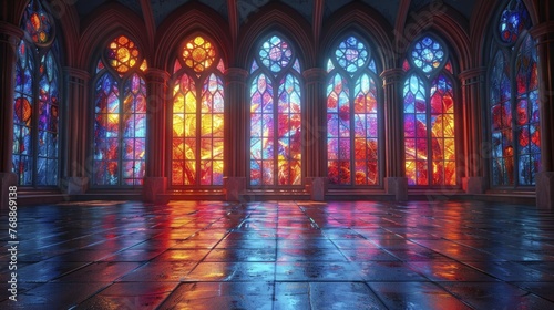 Elevate your space with the captivating charm of Gothic Cathedral-inspired stained glass, perfect for showcasing religious artifacts. © Kanisorn