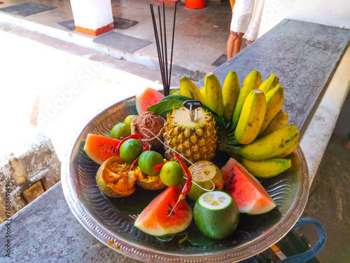 A bowl of fresh fruit prepared for offering to Lord Sumana Saman in Sri Lanka photo