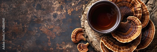 reishi mushroom on wooden disk, natural healing concept banner photo