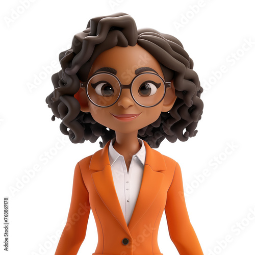 A 3D animated character with curly hair and round glasses, wearing an orange blazer photo