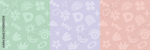 Set of abstract seamless vector pattern with geometric shapes, flower and other primitive elements for wrapping paper, flyer, poster, cover design, sticker and toys. Pastel color retro hippie design.