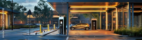 Twilight scene at a high-tech electric vehicle charging station. Clean energy and automotive innovation concept. 