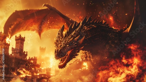 Angry dragon brutally causes chaos and destruction against the backdrop of fire.Ai generated
