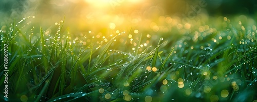 Fresh and vibrant dew on the grass with blurred bokeh and sun rays generative ai