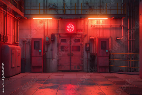 door inside a building, ship, nuclear reactor room, bunker, bomb shelter