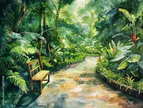 garden with flowers,tropical garden with trees,A chair on a stone walkway in a park made up of large trees and lush greenery. © SongMin