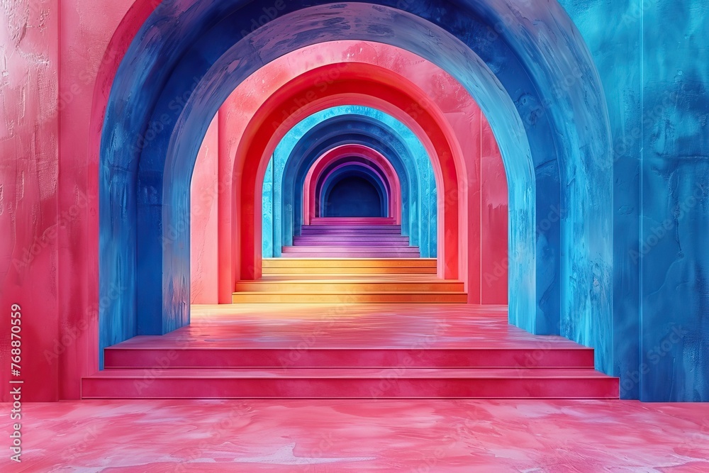 This image captures a 3D-rendered corridor with arched doorways in a gradient of vivid colors, leading to an inviting central perspective This image captures a 3D-rendered corridor with arched doorways in a gradient of vivid colors, leading to an inviting central perspective