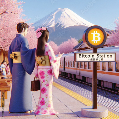A Japanese couple wearing a traditional kimono stands at a Bitcoin station, a reminder of the importance of technology in everyday life. The atmosphere is filled with cherry blossoms in full bloom.