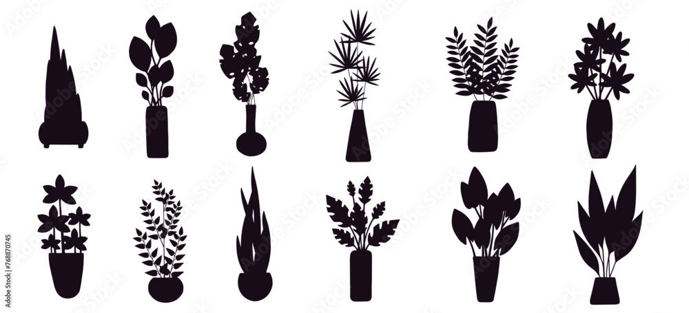 A set of silhouettes, stamps of various indoor plants, tropical leaves in flowerpots. Vectonic graphics. - obrazy, fototapety, plakaty 