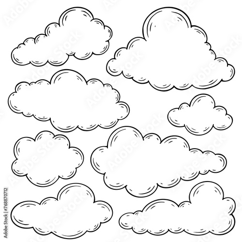 Set of linear sketches, doodles of clouds. Vector graphics.