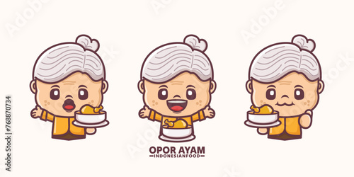 cute grandmother cartoon with opor ayam indonesian traditional food photo