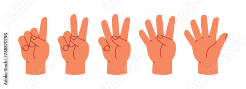 Counting with fingers. Hand gesturing, arm showing one, two, three, four and five numbers, digits. Countdown, score, elementary math learning. Flat vector illustration isolated on white background