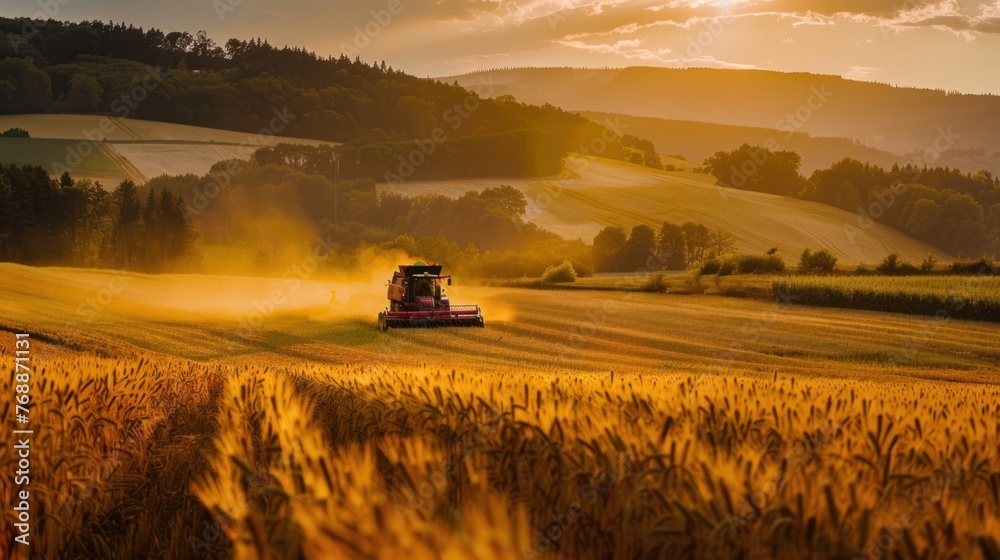 Fototapeta premium One of the Agricultural Machines working in the field, view from afar. Generative Ai