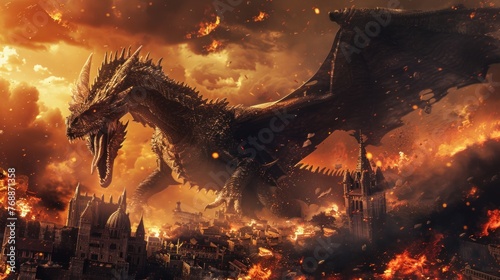 Angry dragon brutally causes chaos and destruction against the backdrop of fire.Ai generated photo