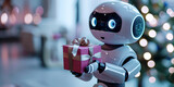 Small, humanoid robot with a big-eyed design, holding a pink wrapped present beside a twinkling Christmas tree, representing a blend of tradition and futuristic innovation.